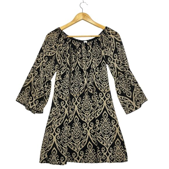 2B Together Dresses & Skirts - 2B Together Sheer Bell Sleeve Tunic Dress Black Tan Women Size Small Long Sleeve